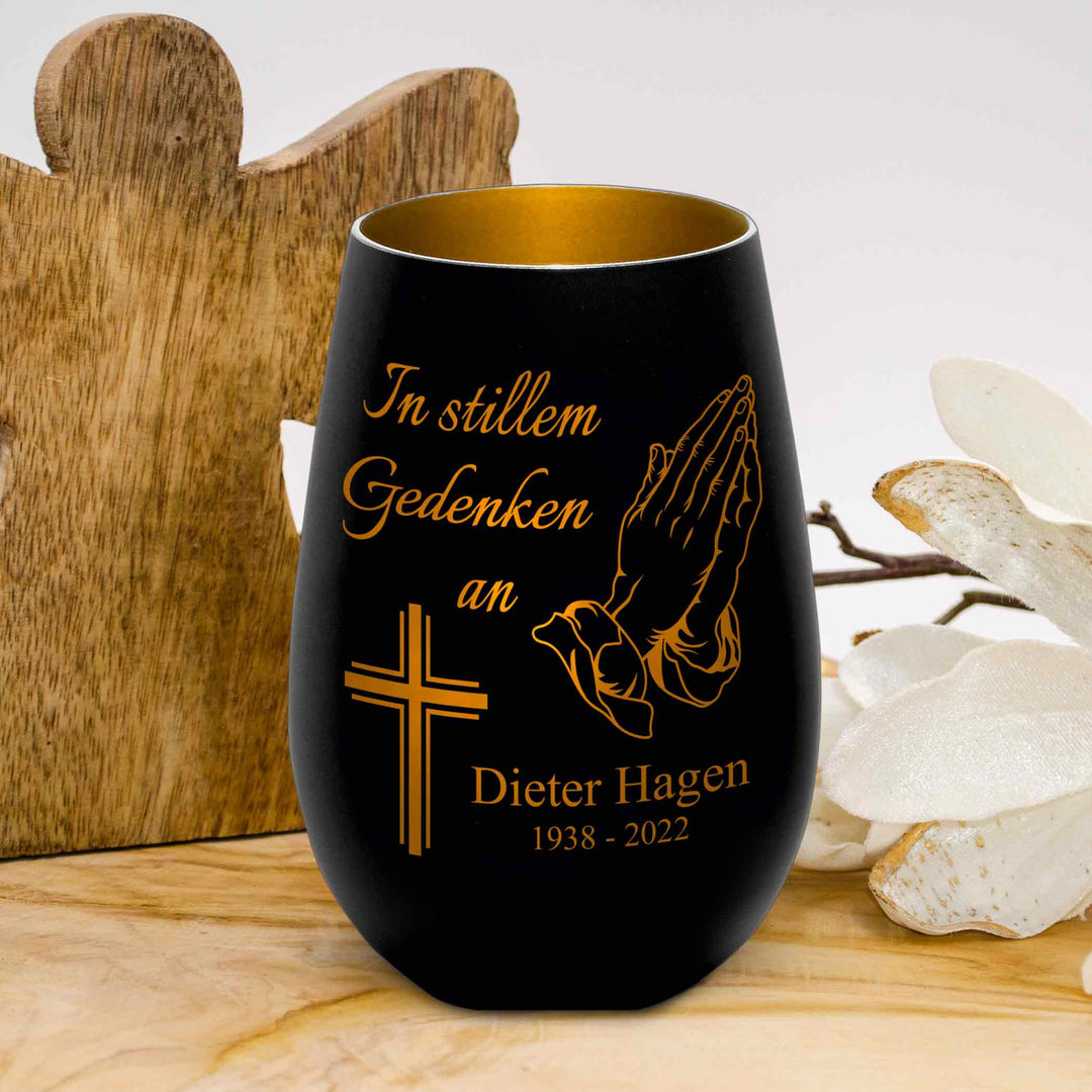Trauer-Windlicht Mit Gravur „Du Fehlst“ – Personalisierbares Gedenklicht, 450 Ml, Weiß/Gold, Inkl. Teelicht, Als Trauergeschenk & Beileidsgeschenk